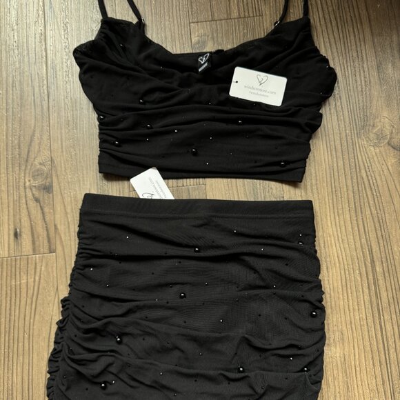 WINDSOR BLACK EMBELLISHED PEARL RUCHED MESH MIDI SKIRT CO-ORD SET - SMALL - Picture 1 of 12